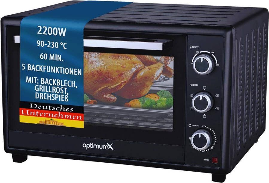 SnelShoppen Mini Oven 60 L Heteluchtoven met Draaispit 2200 W Zwarte Keukenoven voor Feest Camping en Gezelligheid