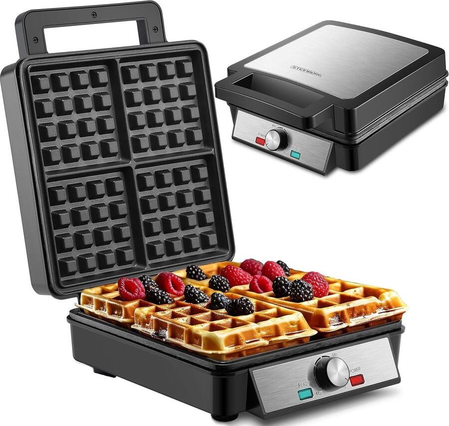XXL Wafelijzer voor 4 Wafels met Cool-Touch Technologie en Temperatuurregulering