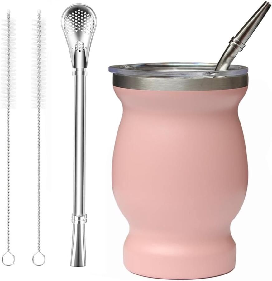Yerba Maté Beker Set – Dubbelwandige Thermische Maté Cup 226ml met Lekvrij Deksel & 2 Bombilla Rietjes – RVS Kalebas voor Onderweg Kantoor & Outdoor – Vaatwasserbestendig