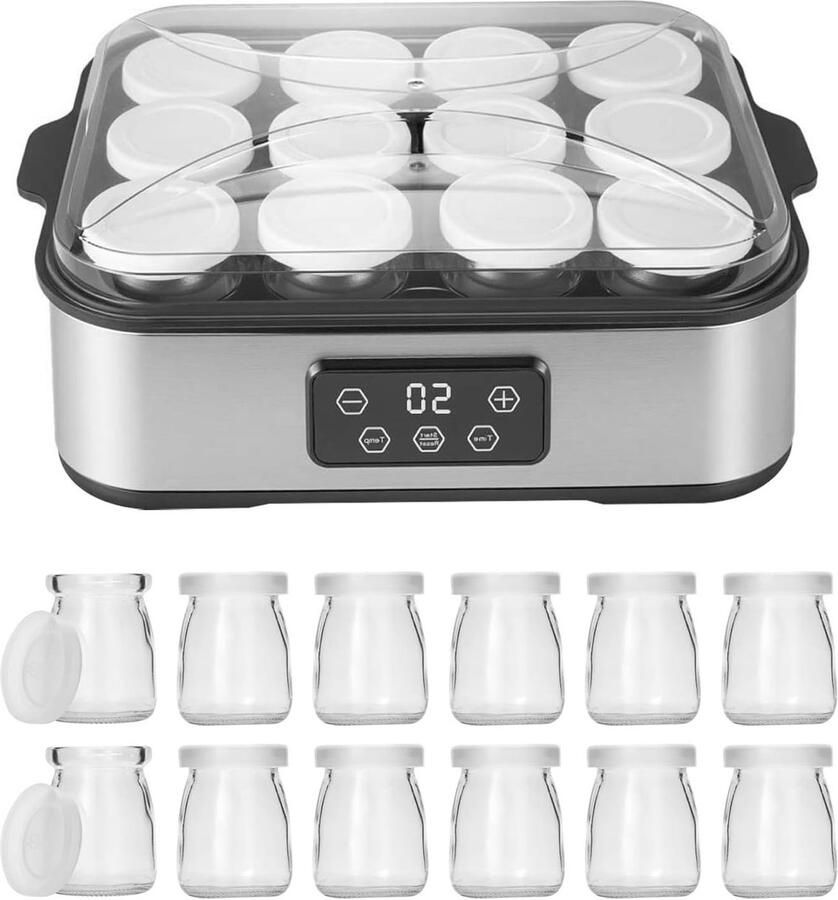 Yoghurtemaker 2200ml met 12 glazen van 180ml RVS digitale yoghurtmachine voor zelfgemaakte yoghurt kaas en natto thuis maken