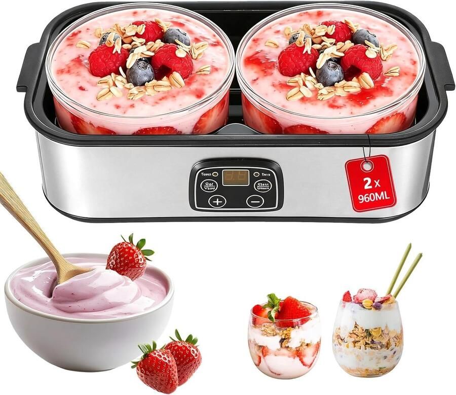Yoghurtmaker 2 Liter met 2 Glazen van 1 Liter RVS Digitale Yoghurtmachine voor Zelfgemaakte Yoghurt Kaas en Natto Thuis maken