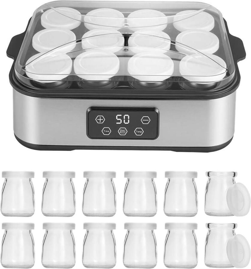 Yoghurtmaker 2200ml met 12 glazen van 180ml RVS digitale yoghurtmachine voor zelfgemaakte yoghurt kaas en natto thuis maken