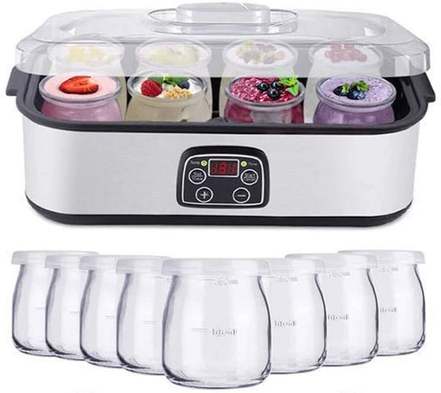 Yoghurtmaker 8 potjes van 180 ml one-touch display temperatuurregeling 20-55°C Voor zelfgemaakte yoghurt voor baby's kinderen en gezinnen Roestvrij staal