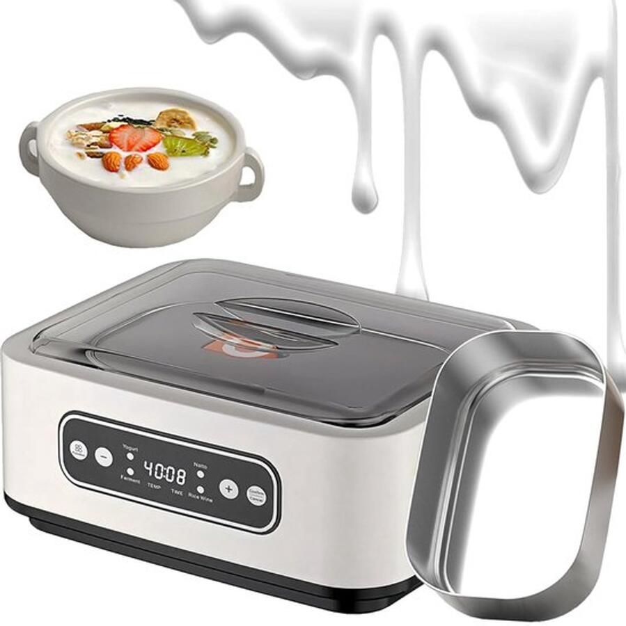 Yoghurtmaker Automatische yoghurtmaker Met 36-uurs timer Met temperatuurregeling en LED-display Gemakkelijk schoon te maken maakt verse en gezonde desserts zonder bekers Wit 1600 ml