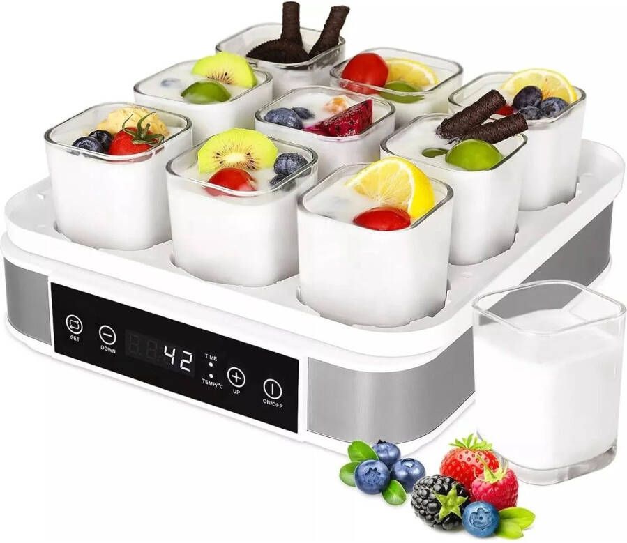Yoghurtmaker – Digitaal – RVS & ABS – 9 Glazen Bekers 170ml – LED Display – Timer & Temperatuurregeling – Automatische Uitschakeling – BPA-vrij – 40W – Vaatwasserbestendig