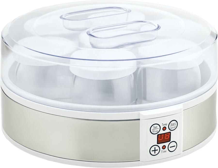 Yoghurtmaker inclusief 7 glazen potjes roestvrij staal 24 cm x 24 cm x 13 cm Zilver + Wit