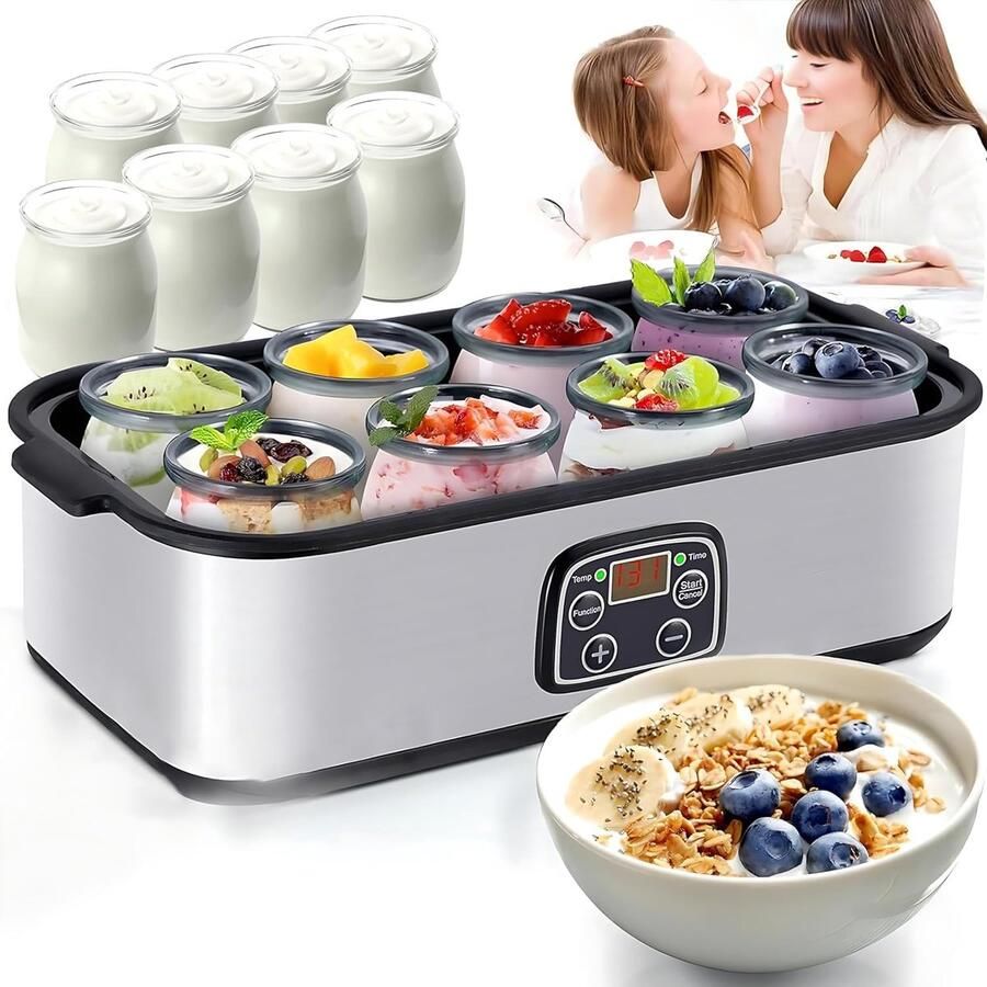 Yoghurtmaker met instelbare temperatuur- en tijdregeling 8 glazen potjes (180 ml per stuk) LCD-display constante temperatuurregeling roestvrijstalen design