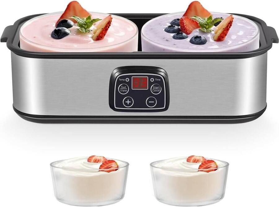 Yoghurtmaker met LED-display en 2 glazen containers van 1000 ml instelbare temperatuur en timer voor gezonde yoghurt kaas en natto