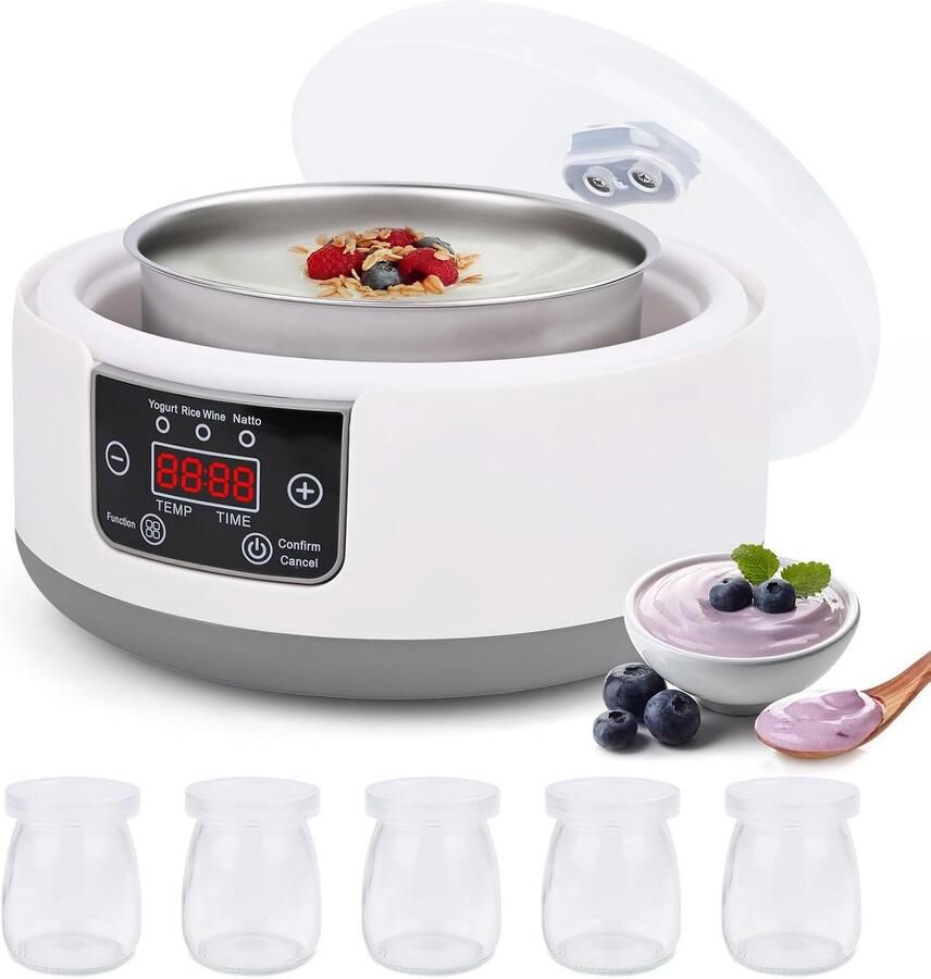 Yoghurtmaker met Temperatuurregeling – Incl. 5 Glazen Potjes 100ml – Voor Griekse & Vegan Yoghurt – Ook voor Natto