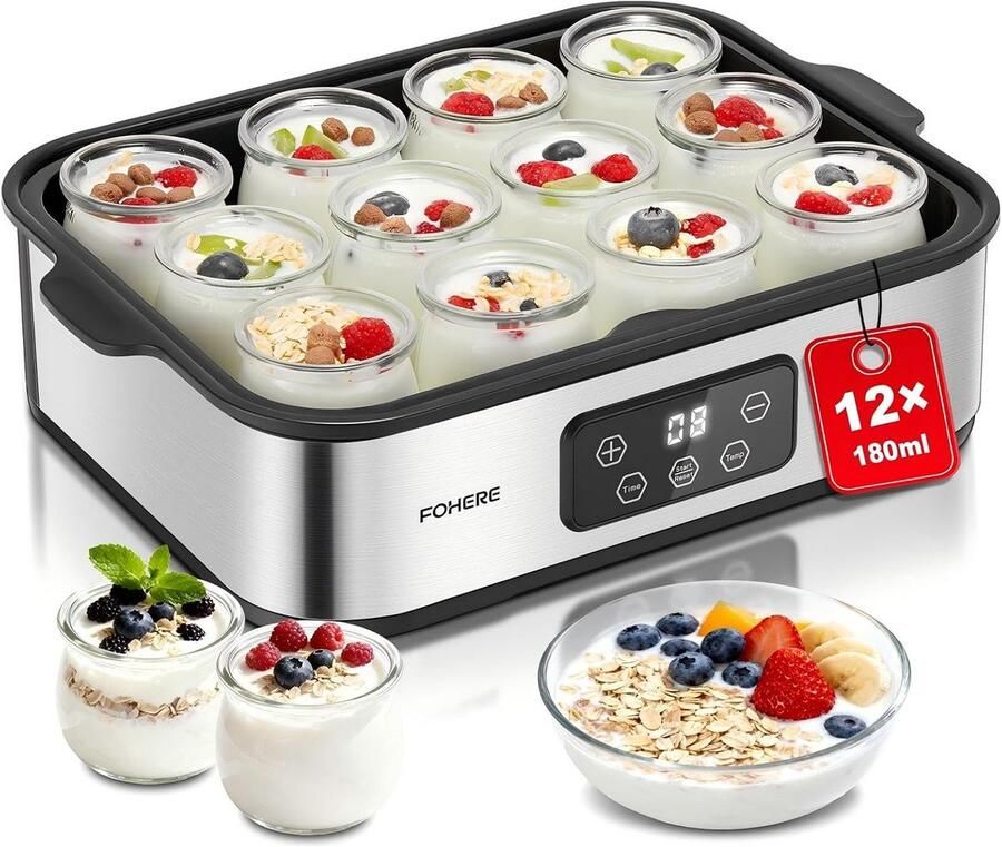 Yoghurtmaker Professioneel met 12 Glazen Potjes (2.16L) Griekse Yoghurt Machine met Timer en Temperatuurcontrole