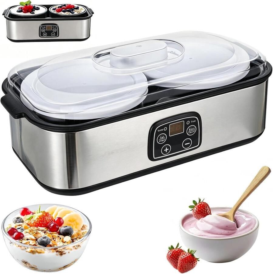 Yoghurtmaker voor zelfgemaakte yoghurt met 2 glazen containers instelbare temperatuur en timer voor melken en kaas