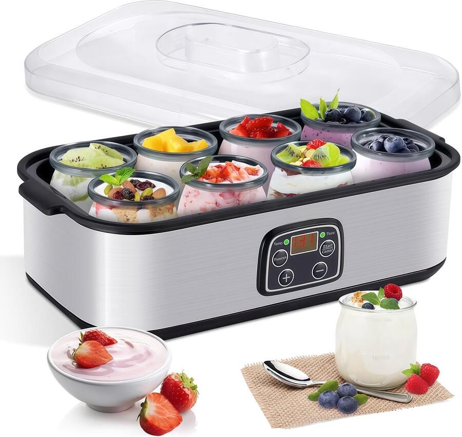 Yoghurtmaker Yoghurt machine Yoghurt maker Yoghurt Instelbare temperatuurregeling Tijdregeling Inclusief 8x60z glazen potjes LCD-display Constante temperatuurregeling Zilver