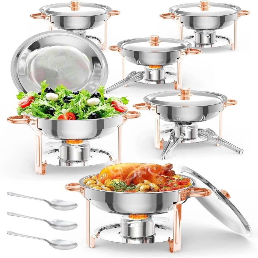 Yoin Buffetwarmer set Warmhoudplaat Chafing dish 6 stuks Voedselverwarmer Met deksel Roestvrijstaal Met lepel