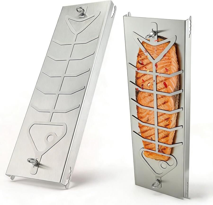 Zalmplank Roestvrij Staal Grillrek Vis Grillen 180 Graden Draaibaar 56 cm Lengte Zilver