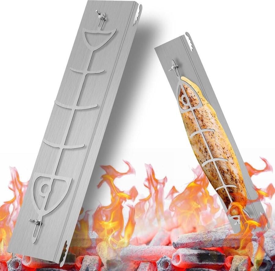 Zalmplank Roestvrij Staal Vis Plank Grill Buiten Koken 180 Graden Draaibaar 58.5cm Lengte Zilver