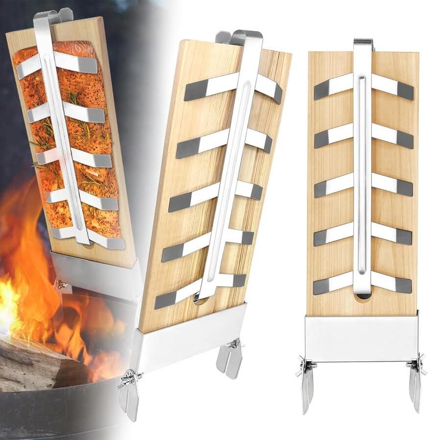 Zalmplank Set Vlamplankjes Buiten Grillen Verstelbare Houder Set van 2 Natuurlijk