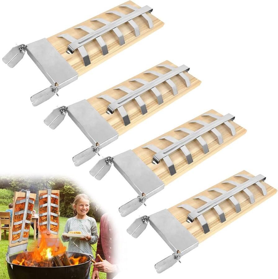 Zalmplanken Grill Houtplanken Barbecue Vis Grillen Verstelbare Hoek 4 stuks Bruin