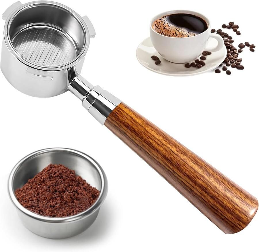 Zeefdrager 51 mm met 3 oren espresso Bottomless portafilter compatibel met DeLonghi Dedica EC680 EC685 EC885 roestvrijstalen filtermand en handvat van roodhout