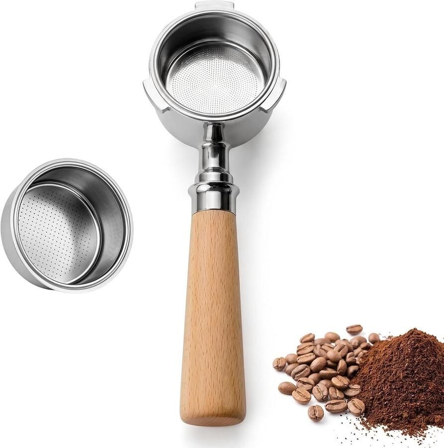 Zeefhouder 51 mm met 3 oren voor koffiezetapparaten roestvrij staal ergonomisch handvat en beukenhout