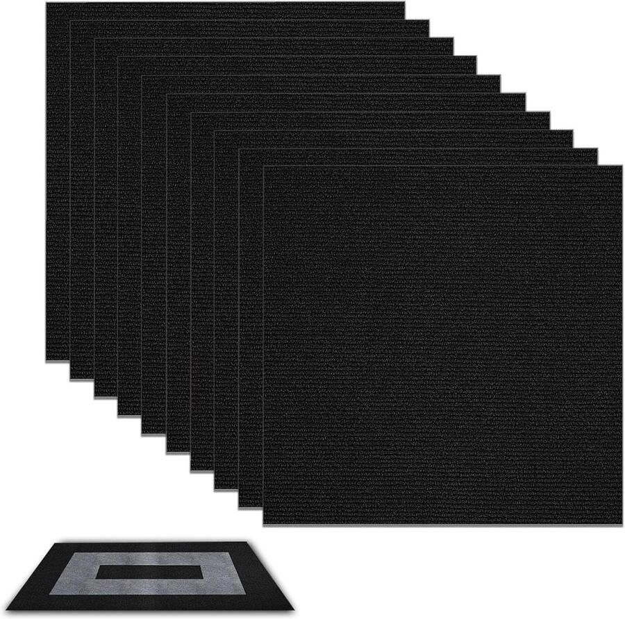 Zelfklevende Tapijttegels Set van 10 Snijbaar 30 x 30 cm Wasbare Tapijttegels voor Thuis Kantoor en Commercieel Gebruik (Zwart)