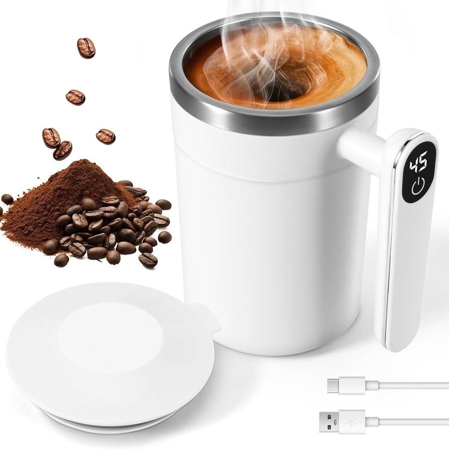 Zelfroerende beker 400 ml automatische magnetische roerbeker roestvrijstalen elektrische koffiemok met temperatuurweergave geschikt voor koffie melk en cacao (wit)