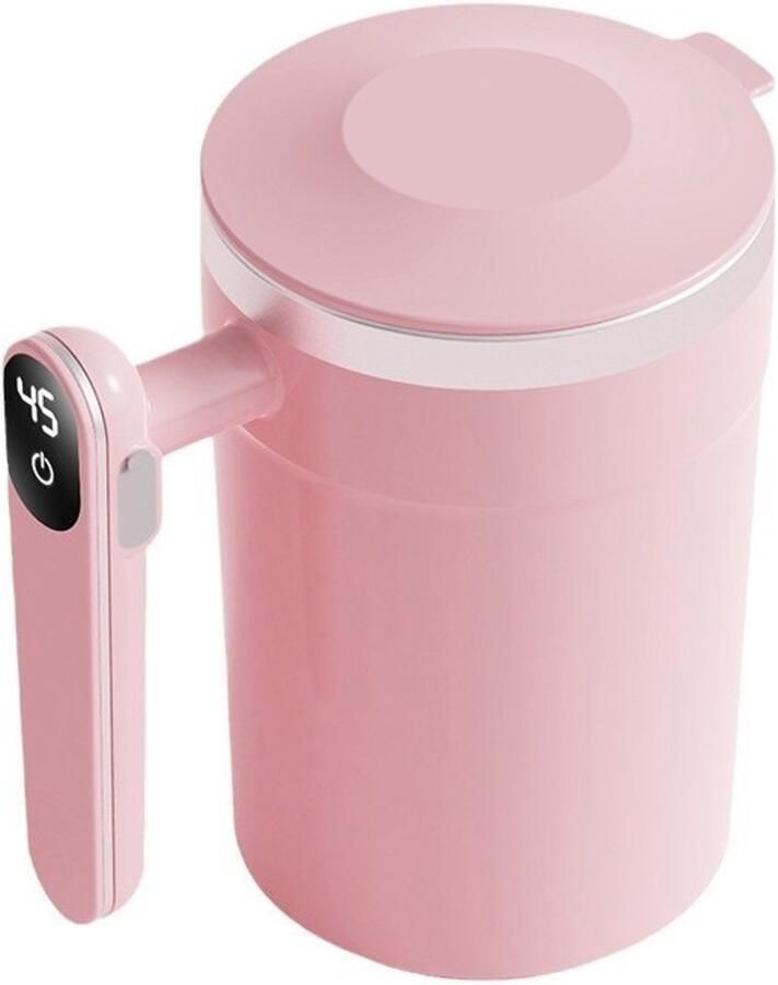 Zelfroerende beker 400 ml automatische magnetische roerbeker roestvrijstalen elektrische koffiemok met temperatuurweergave geschikt voor koffie melk en cacao (roze)