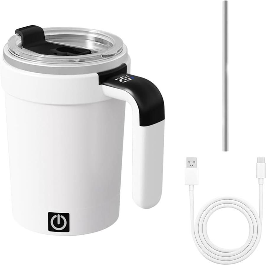 Zelfroerende koffiemok 380 ml afneembare magnetische elektrische zelfmengbeker met deksel en rietje roestvrijstalen beker met temperatuurweergave geschikt voor thuis kantoor en op reis（Wit）