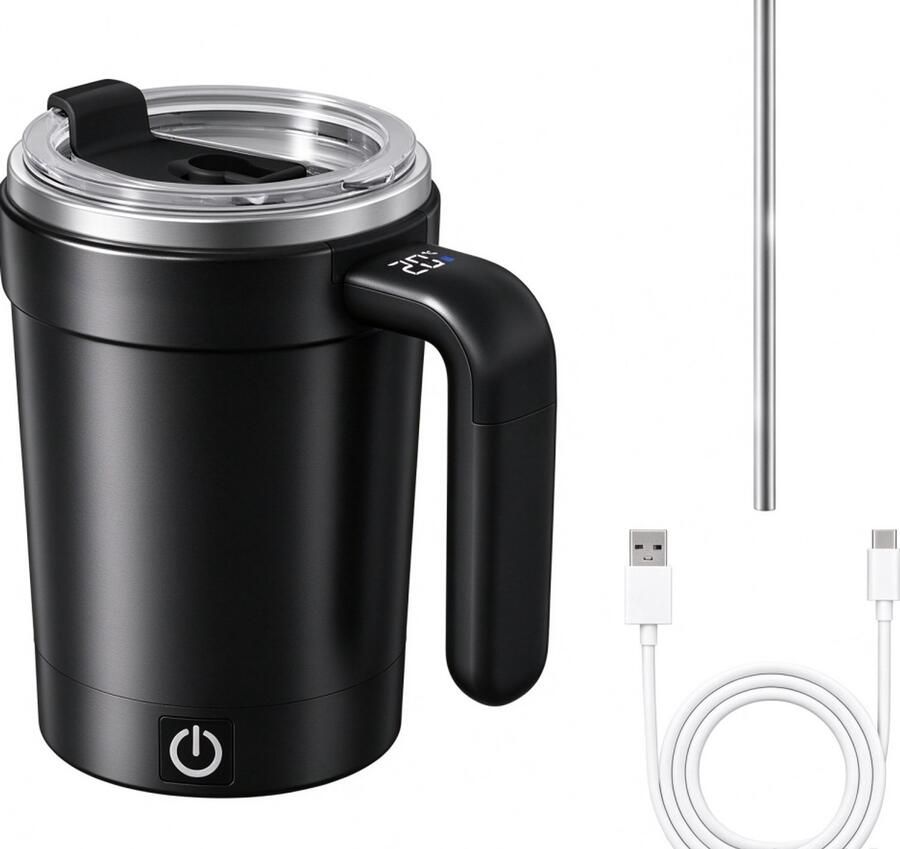 Zelfroerende koffiemok 380 ml afneembare magnetische elektrische zelfmengbeker met deksel en rietje roestvrijstalen beker met temperatuurweergave geschikt voor thuis kantoor en op reis（zwart）