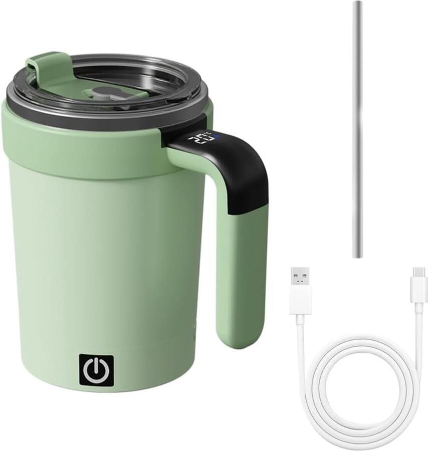 Zelfroerende koffiemok 380 ml afneembare magnetische elektrische zelfmengbeker met deksel en rietje roestvrijstalen beker met temperatuurweergave geschikt voor thuis kantoor en op reis（groente）