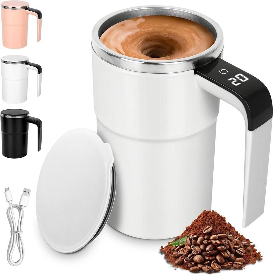 Zelfroerende mok 380 ml automatische magnetische roerbeker oplaadbare intelligente koffiemok met temperatuurweergave geschikt voor koffie melk en thee (wit)