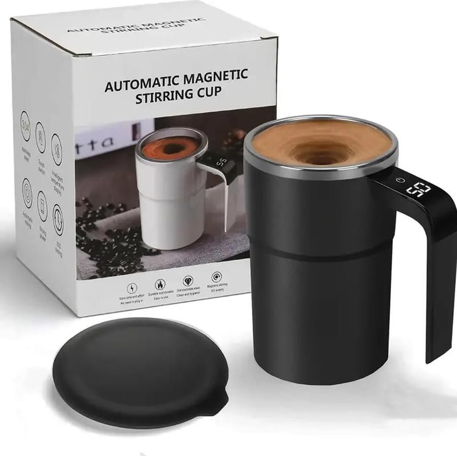 Zelfroerende mok 380 ml automatische magnetische roerbeker oplaadbare intelligente koffiemok met temperatuurweergave geschikt voor koffie melk en thee (zwart)