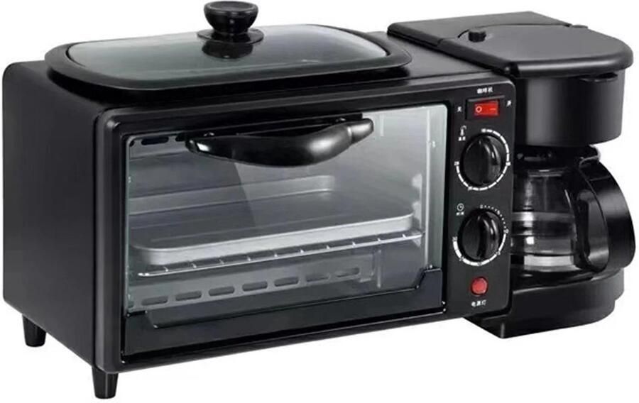 Zerova 3-in-1 Mini oven Elektrische Hetelucht oven Ontbijtstation 9L Koffiezetapparaat Bakplaat 1050W Timer Zwart