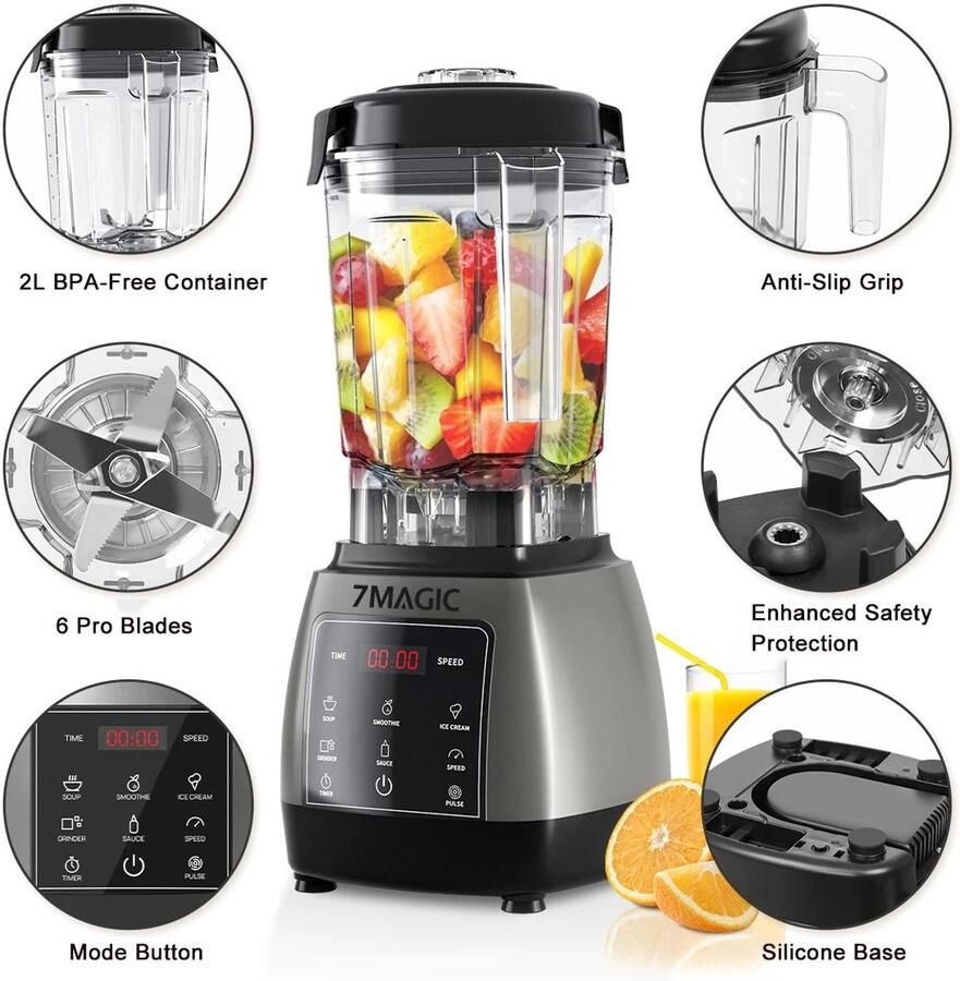 Zerova Blender 2000W Smoothie maker Blender Smoothie Keukenmachine Foodprocessor 2L Kan 6 RVS messen zwart
