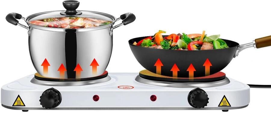 Zerova Dubbele Elektrische Kookplaat 2500W Draagbare Tafel Kookplaat 2 Verwarmingszones 5 Temperatuurstanden Zilver