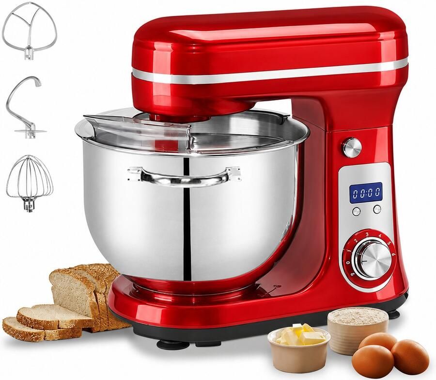 Zerova Keukenmachine 6L Blender Keukenmixer Keukenapparaten Standmixer 1200W Garde LED Display 6 snelheden Rood
