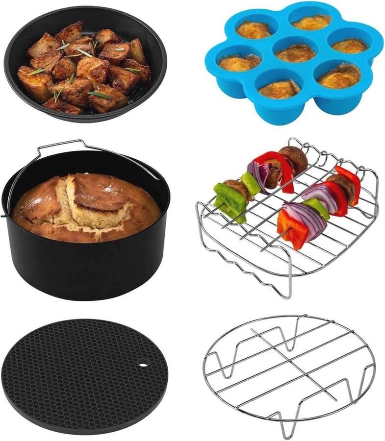 Zesdelige accessoireset voor heteluchtfriteuse Bakvorm Pizza Pan Grillrooster Silikonemat en Muffinvorm