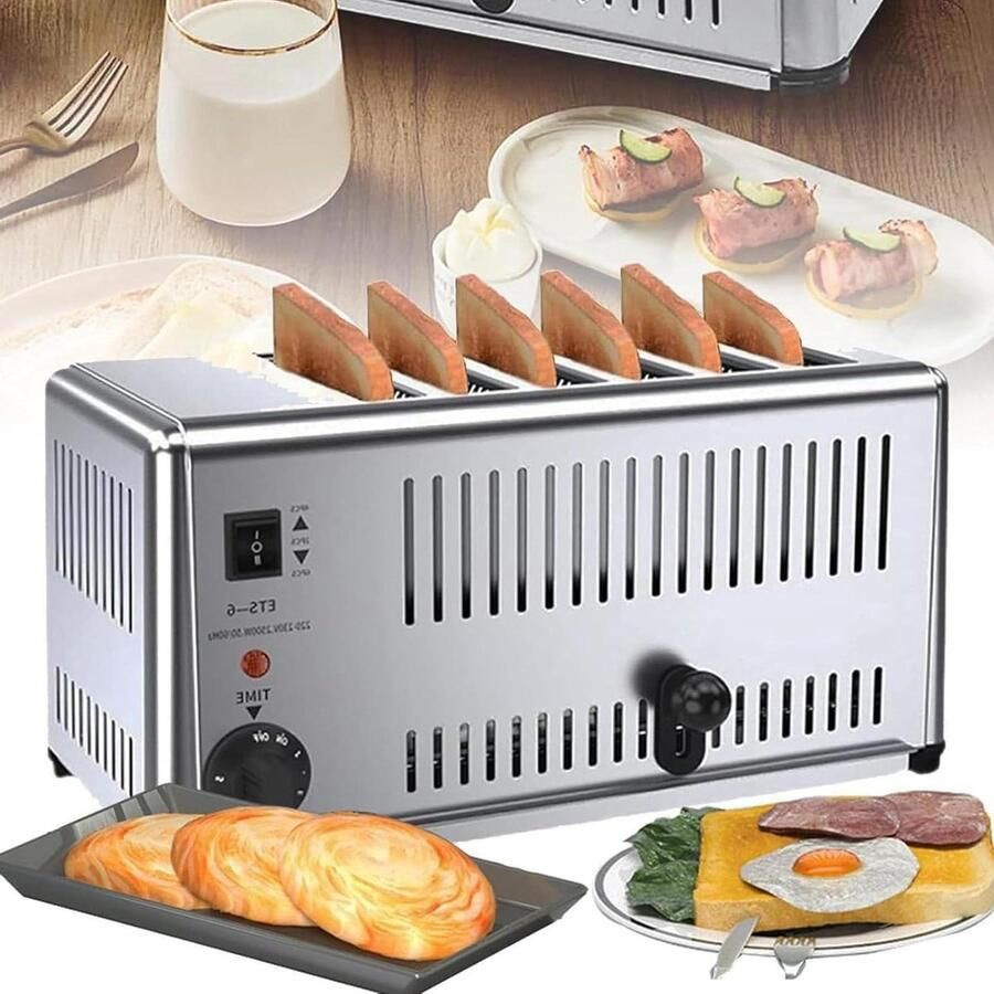 Zesdelige Broodrooster Commerciële Toaster Ontbijt Bereiden Extra Brede Sleuven 6 Sneetjes Roestvrijstaal