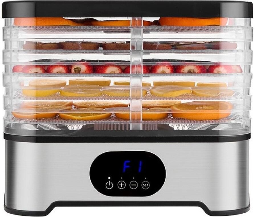 Zilveren voedseldroger 5-laags met timer en temperatuurregeling voor fruit vlees groenten en snacks