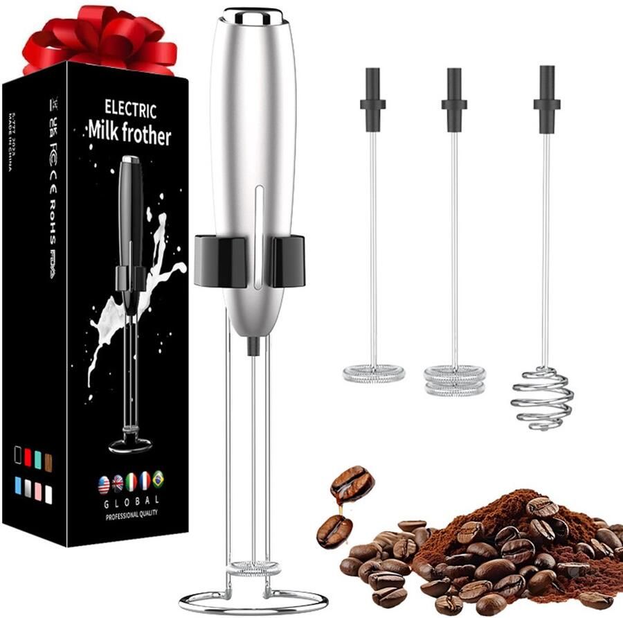 Zilverkleurige elektrische melkopschuimer 3 opzetstukken en standaard draadloze mini mixer voor koffie eiwit en milkshakes zonder batterij