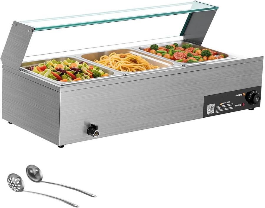 Commerciële Bain-Marie Stoomtafel 3-Pans Voedselverwarmer RVS Warmhoudbak Met Glazen Afdekking 1500W (Snelle opwarming)