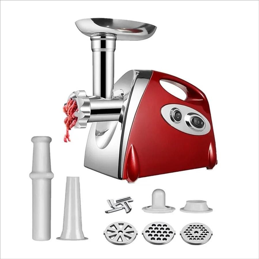 Zimoros Elektrische Vleesmolen 3in1 Multi-Keukenmachine 2800W Worstmachine 3 Platen met Gaten 4 Kegelbladen Rood