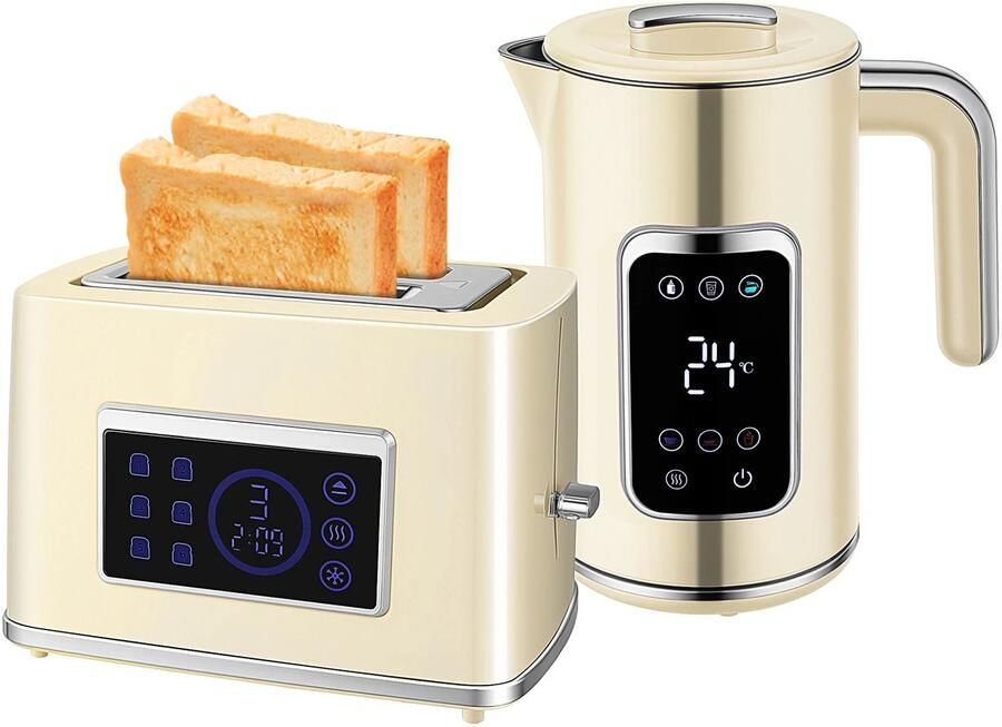 Roossentials ontbijtset Broodrooster Waterkoker Toaster Met led touchscreen Met temperatuurregeling Licht geel