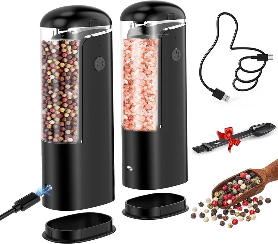 Zout- en pepermolen elektrisch set: USB oplaadbaar elektrische zout- en peperspreider met licht instelbare grofheid zoutmolen elektrisch zwart