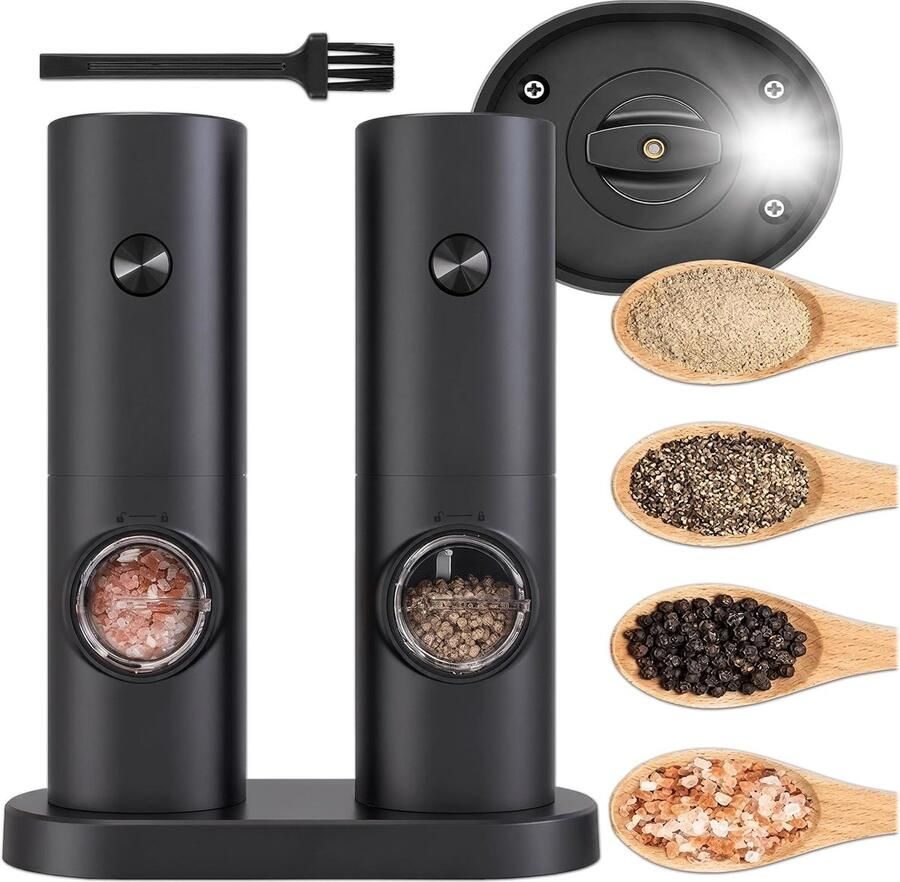 Zout- en pepermolen elektrisch set van 2 grinder set elektrische kruidenmolen met instelbare maalsterkte peper- en zoutmolen modern design veilig malen voor specerijen zwart