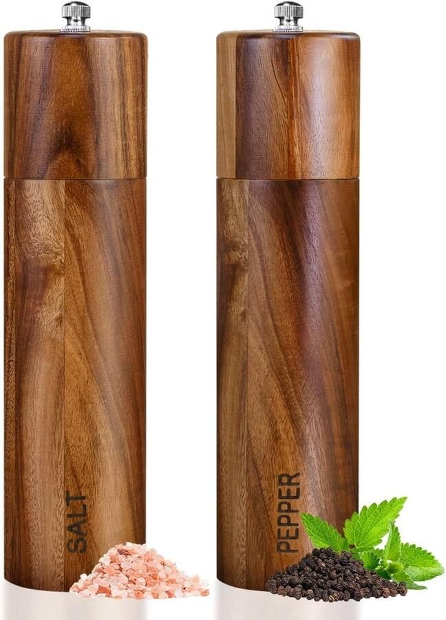 Zout- en pepermolen hout 2-delige set handmatige pepermolen 20 cm zoutmolen kruidenmolen met verstelbaar keramisch maalwerk voor specerijen peper zout in geschenkdoos