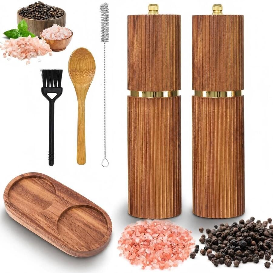 Zout- en pepermolen hout groot set van 2 verstelbare keramische maalwerk pepermolen massief hout acacia peper en zoutmolen incl. onderzetter houten lepel reinigingsborstel (Burlywood)