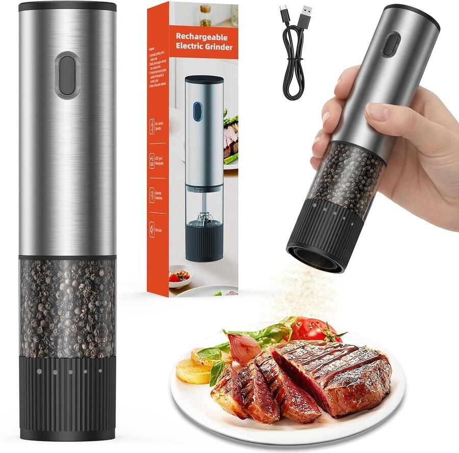 Zout- en pepermolen oplaadbare pepermolen met verstelbare malen grofheid van 60 ml navulbare zoutmolen bediening met één knop stille werking voor keuken en eetkamer zilverkleurig