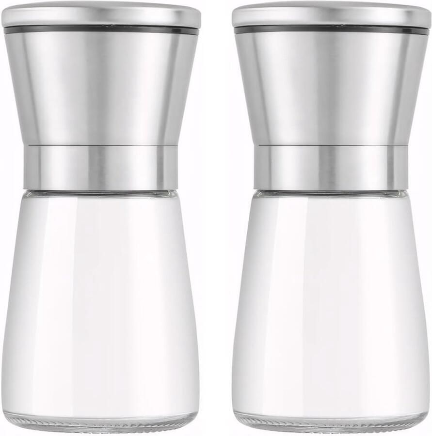 Zout- en pepermolen set van 2 hoogwaardig glas en roestvrij staal met handmatig verstelbare keramische maalkern voor peper zout specerijen zonder kruideninhoud (190 ml)