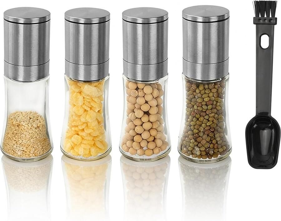 Zout- en pepermolen set van 4 mini-zout- en pepermolen roestvrij staal verstelbare keramische molen voor specerijen peper zout zilver