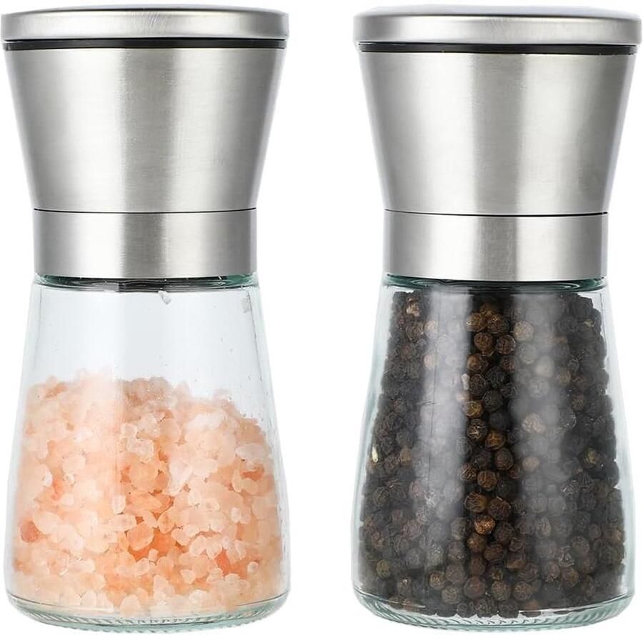 Zout- en pepermolen van roestvrij staal met verstelbaar keramisch maalwerk voor fijne of grove korrels transparant glas ideaal voor specerijen 180 ml 2 stuks